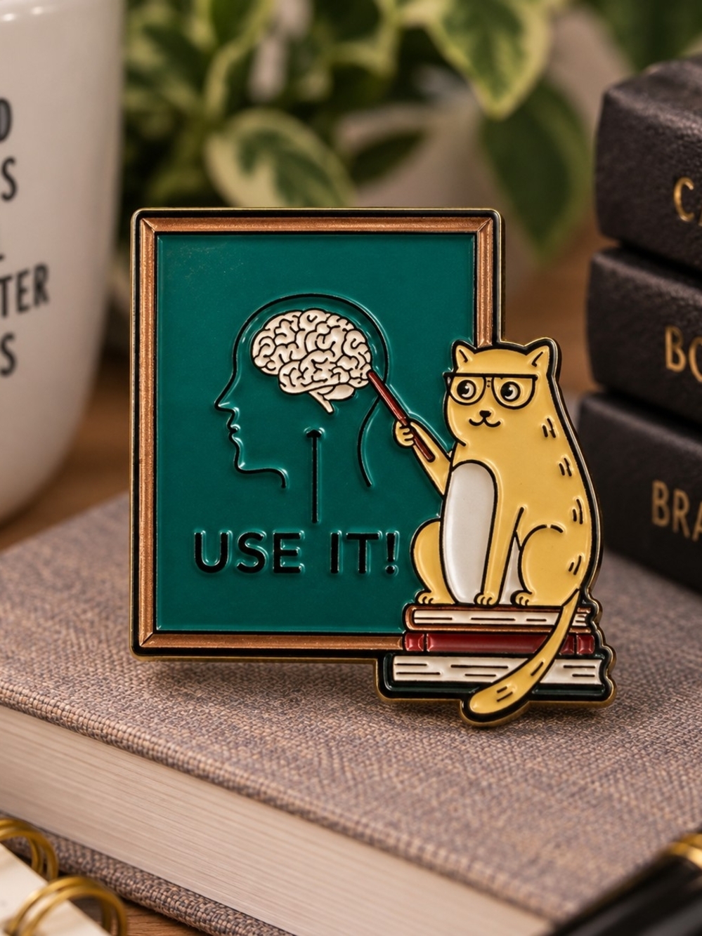 Cat Enamel Collectible Pin/Brooch Yellow Cat ' Brain Use It!' Book Stack New